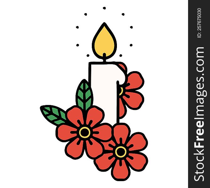 Traditional Tattoo Of A Candle And Flowers