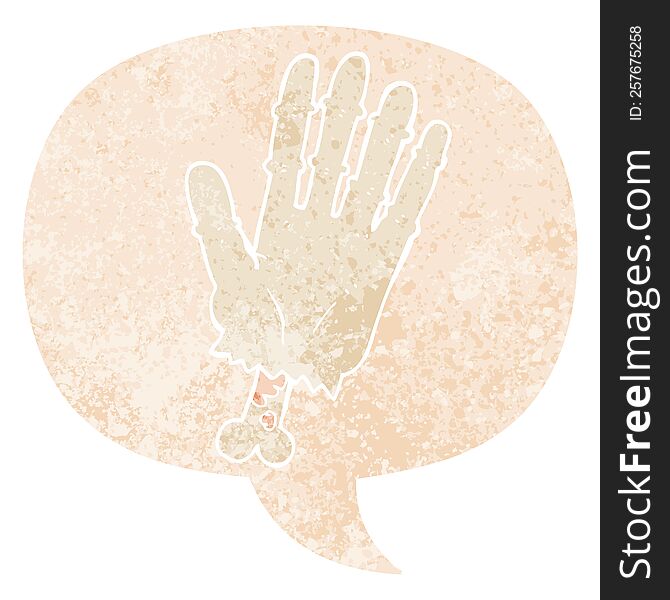 Cartoon Zombie Hand And Speech Bubble In Retro Textured Style