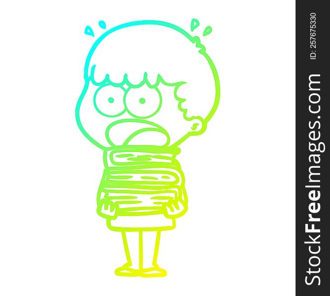 cold gradient line drawing of a cartoon shocked boy with stack of books