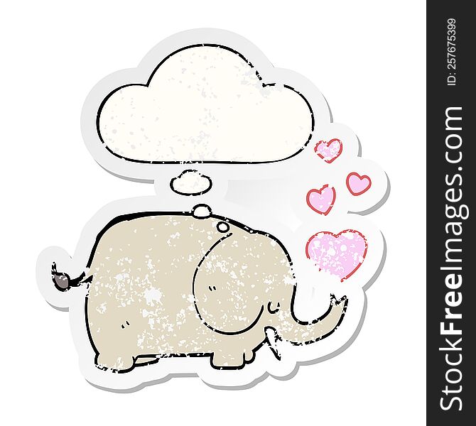 Cute Cartoon Elephant With Love Hearts And Thought Bubble As A Distressed Worn Sticker