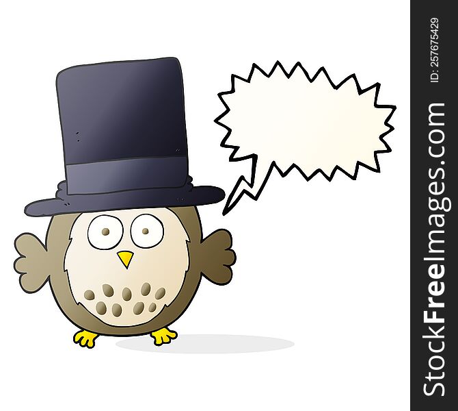 freehand drawn speech bubble cartoon owl wearing top hat