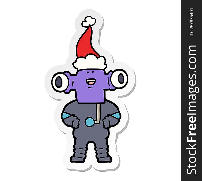 friendly hand drawn sticker cartoon of a alien wearing santa hat. friendly hand drawn sticker cartoon of a alien wearing santa hat