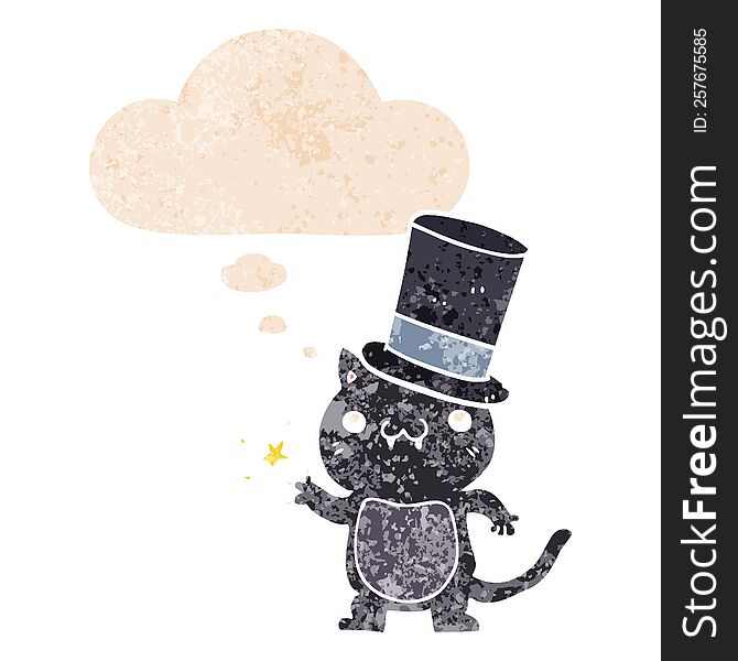 Cartoon Cat Wearing Top Hat And Thought Bubble In Retro Textured Style