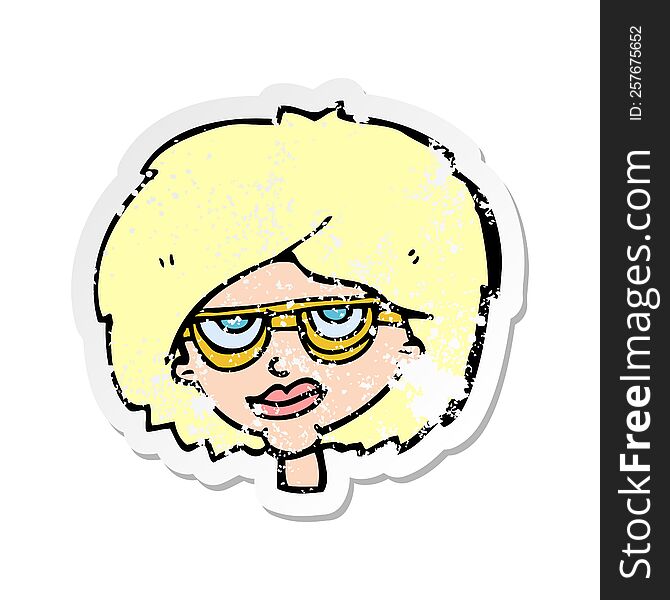 Retro Distressed Sticker Of A Cartoon Woman Wearing Spectacles
