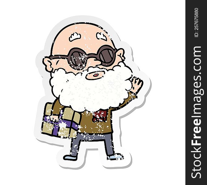 distressed sticker of a cartoon curious man with beard sunglasses and present