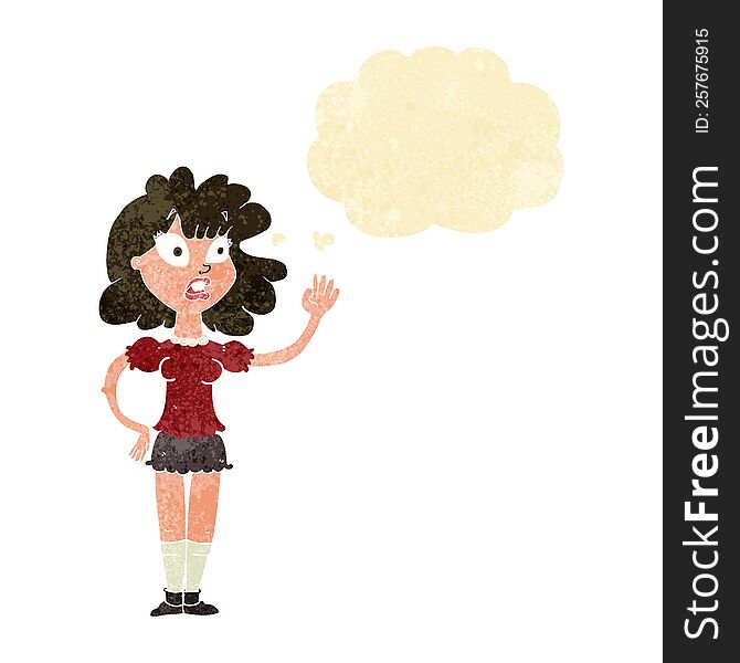 Cartoon Worried Woman Waving With Thought Bubble
