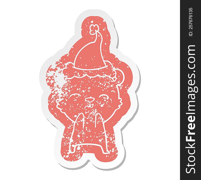 Happy Cartoon Distressed Sticker Of A Polar Bear Wearing Santa Hat