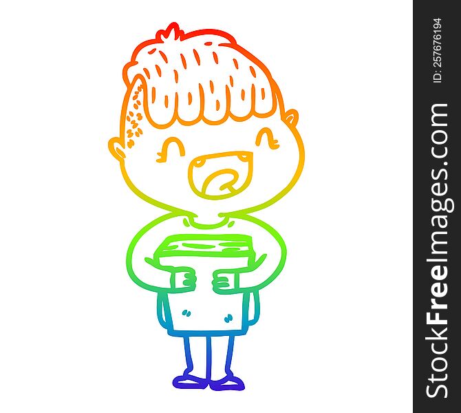 rainbow gradient line drawing of a cartoon happy boy with new books