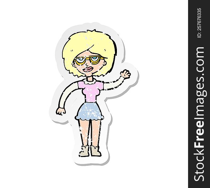 Retro Distressed Sticker Of A Cartoon Waving Woman Wearing Spectacles