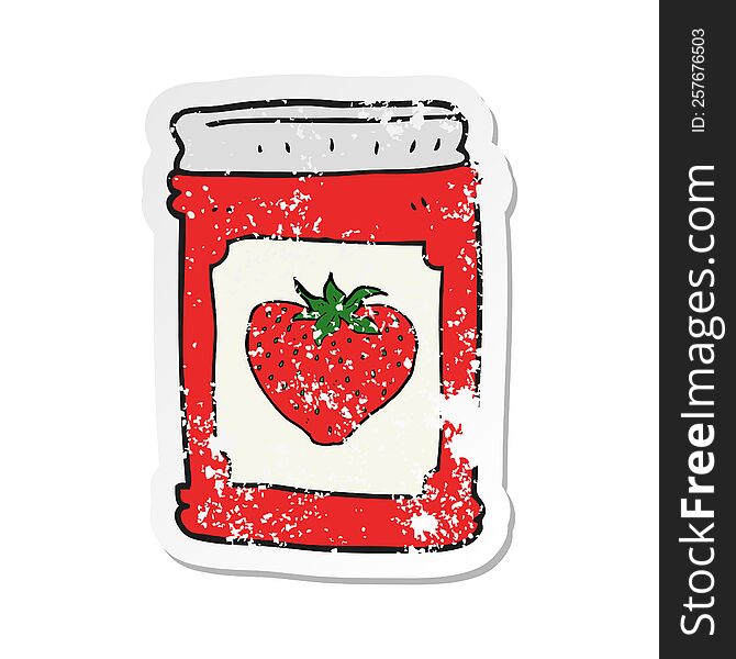 retro distressed sticker of a cartoon strawberry jam jar