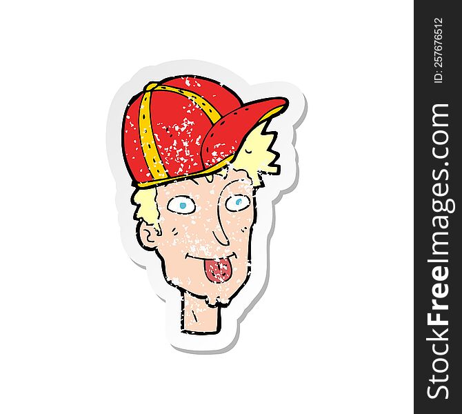 retro distressed sticker of a cartoon boy wearing cap