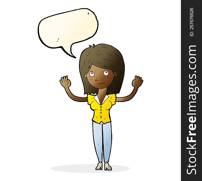 cartoon woman holding up hands with speech bubble