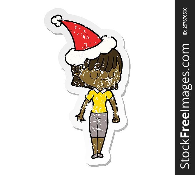 Distressed Sticker Cartoon Of A Woman Wearing Santa Hat