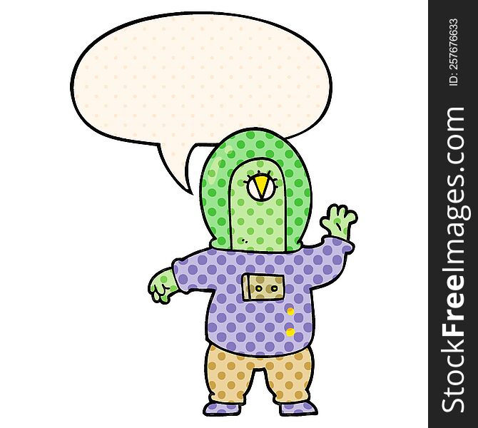 Cartoon Space Alien And Speech Bubble In Comic Book Style