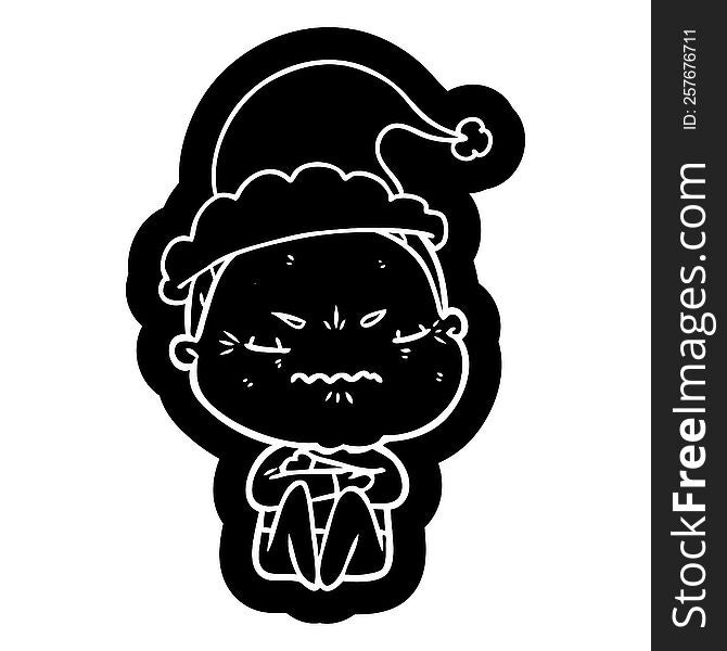 quirky cartoon icon of a annoyed old lady wearing santa hat