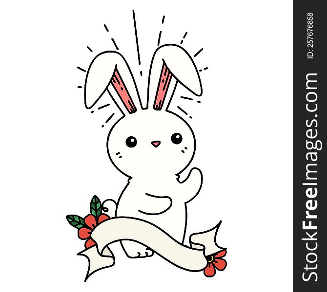 scroll banner with tattoo style cute bunny
