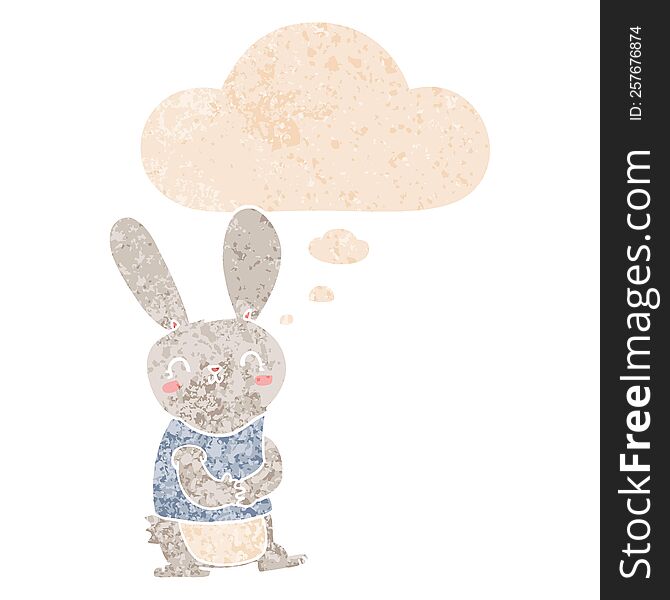 Cute Cartoon Rabbit And Thought Bubble In Retro Textured Style