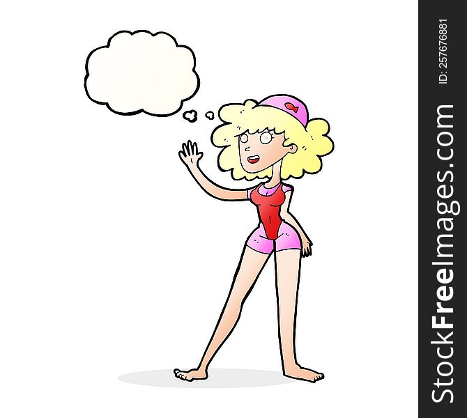 cartoon swimmer woman with thought bubble
