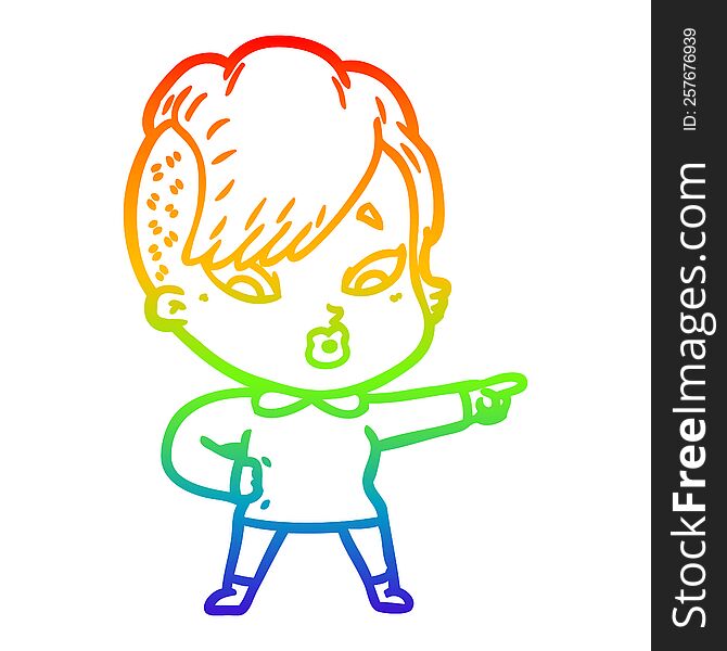 Rainbow Gradient Line Drawing Cartoon Surprised Girl Pointing