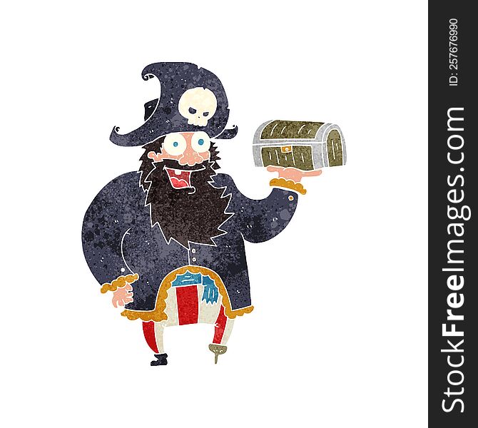 retro cartoon pirate captain with treasure chest