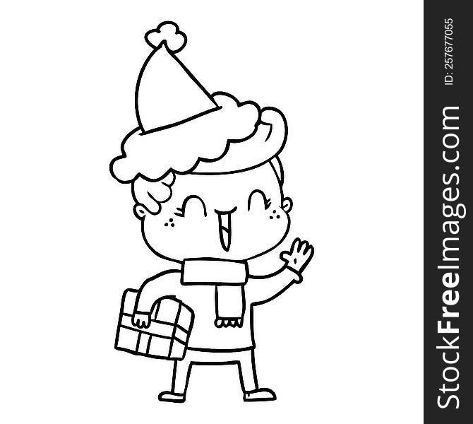 hand drawn line drawing of a laughing boy wearing santa hat