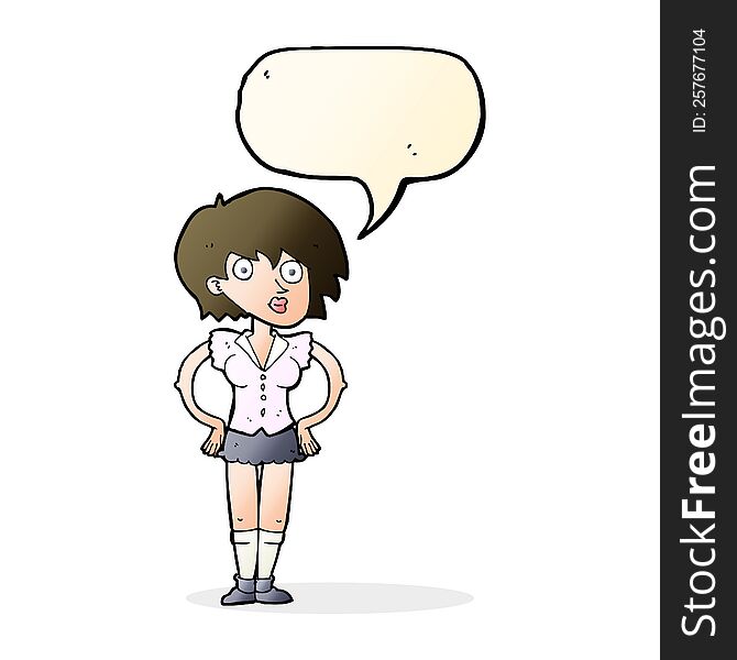 cartoon surprised woman with hands on hips with speech bubble
