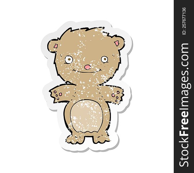 retro distressed sticker of a cartoon happy little teddy bear