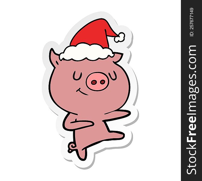 Happy Sticker Cartoon Of A Pig Dancing Wearing Santa Hat
