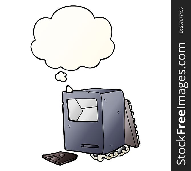cartoon broken old computer with thought bubble in smooth gradient style