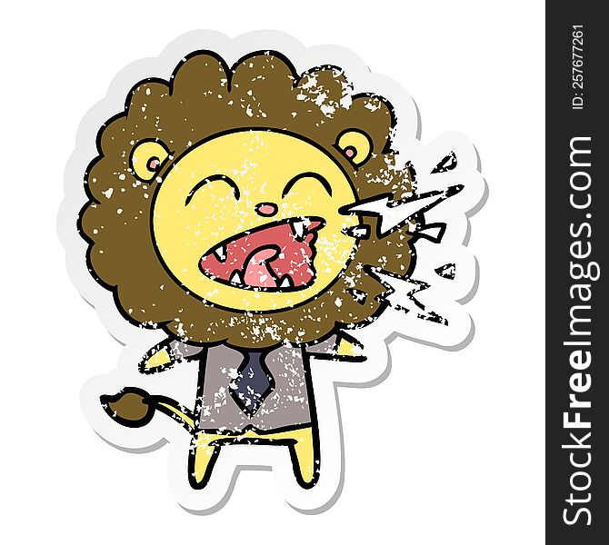 Distressed Sticker Of A Cartoon Roaring Lion Businessman