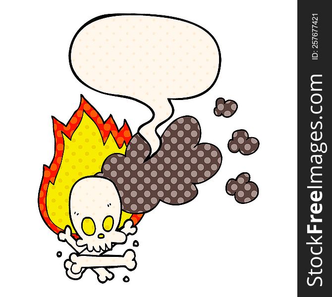 cartoon spooky burning bones with speech bubble in comic book style
