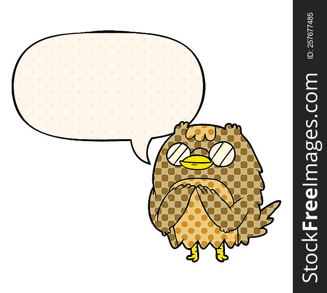 cute cartoon wise old owl with speech bubble in comic book style