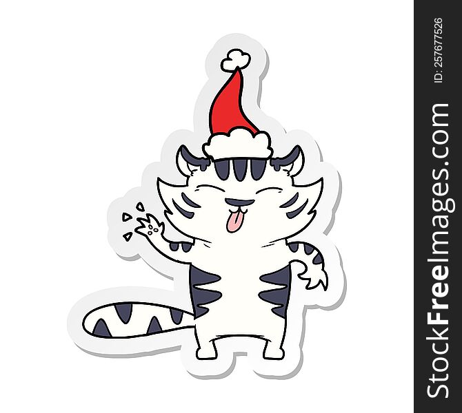 hand drawn sticker cartoon of a white tiger wearing santa hat