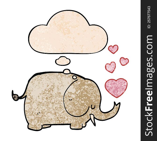 cute cartoon elephant with love hearts and thought bubble in grunge texture pattern style