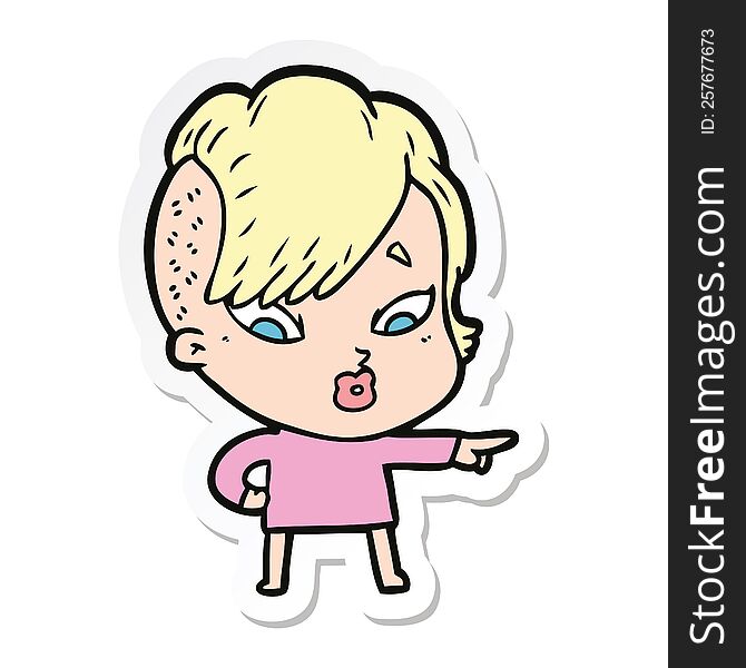 sticker of a cartoon surprised girl pointing