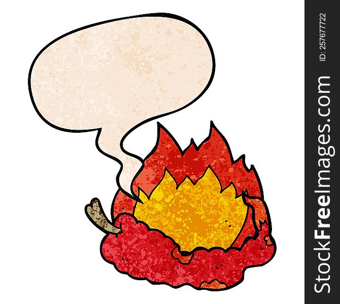 cartoon hot chili pepper with speech bubble in retro texture style