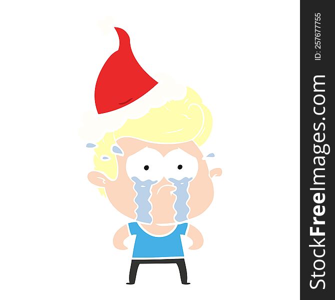 Flat Color Illustration Of A Crying Man Wearing Santa Hat