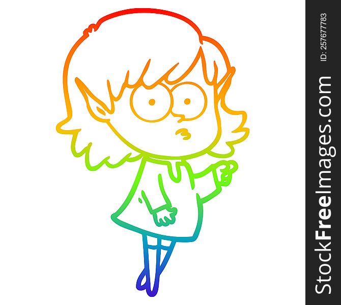 rainbow gradient line drawing of a cartoon elf girl pointing