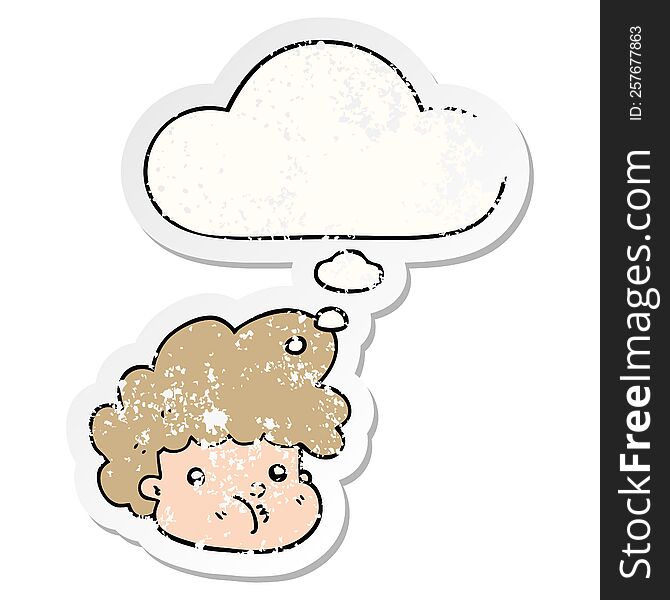 Cartoon Boy And Thought Bubble As A Distressed Worn Sticker