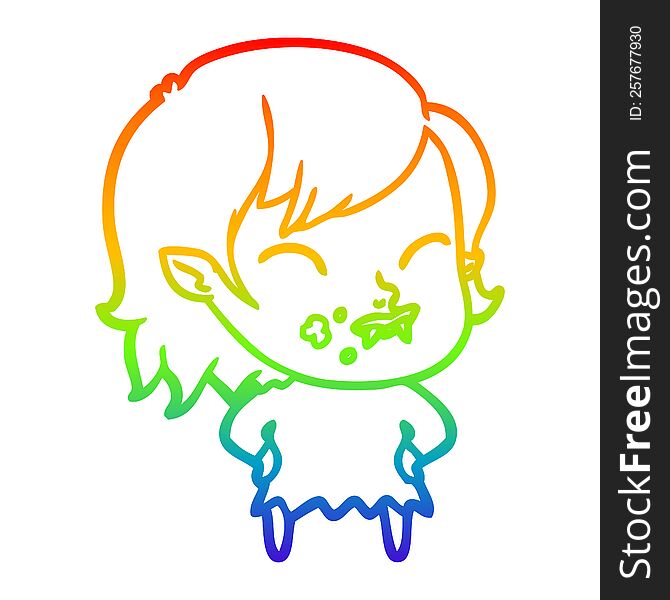 rainbow gradient line drawing of a cartoon vampire girl with blood on cheek