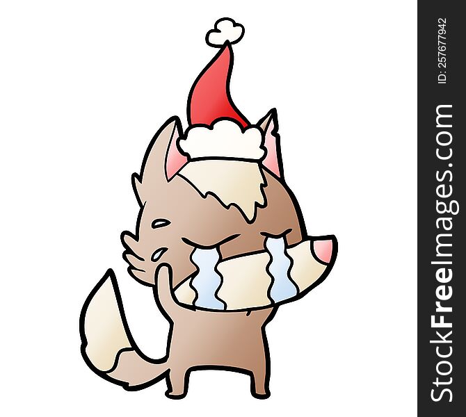 hand drawn gradient cartoon of a crying wolf wearing santa hat