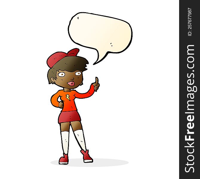 cartoon skater girl giving thumbs up symbol with speech bubble