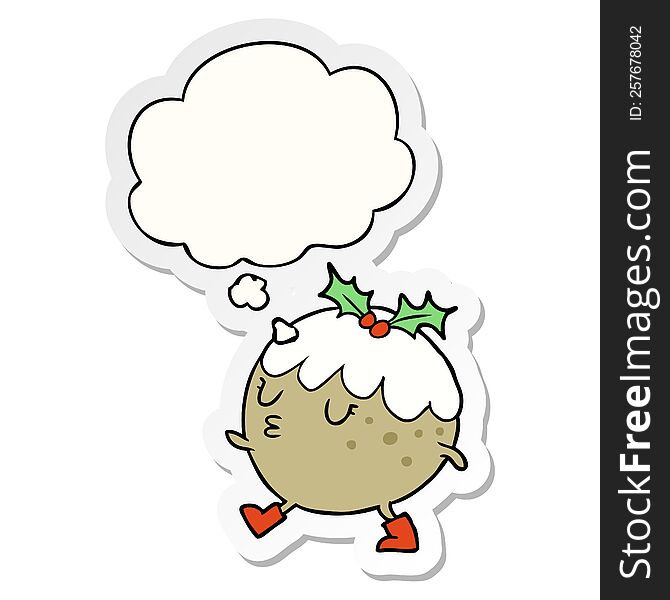 cartoon chrstmas pudding walking with thought bubble as a printed sticker