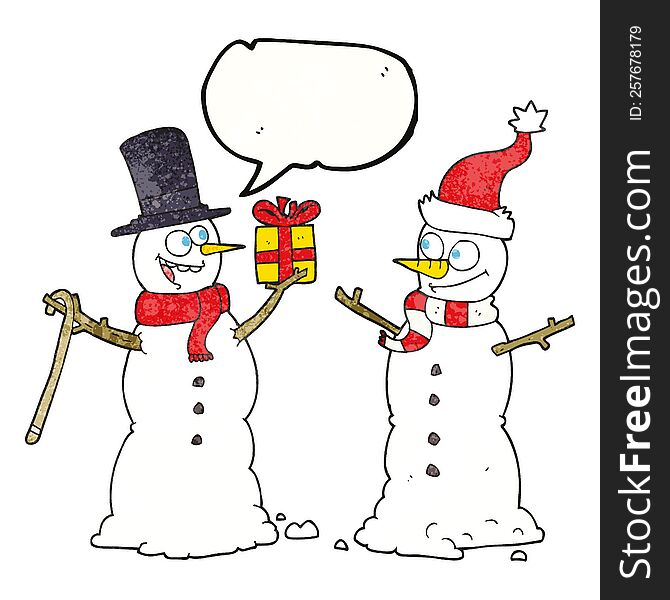 freehand speech bubble textured cartoon snowmen exchanging gifts