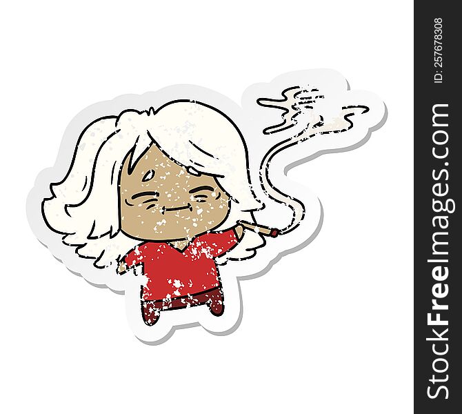 distressed sticker cartoon of cute kawaii old woman