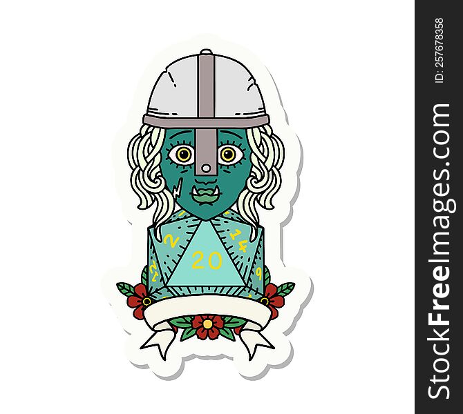 sticker of a half orc fighter with natural twenty dice roll. sticker of a half orc fighter with natural twenty dice roll