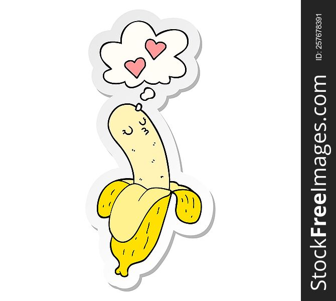 cartoon banana in love with thought bubble as a printed sticker