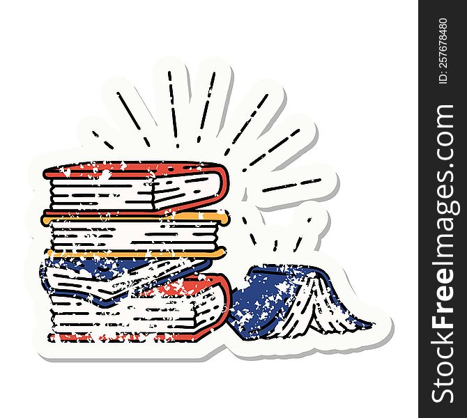 Grunge Sticker Of Tattoo Style Stack Of Books