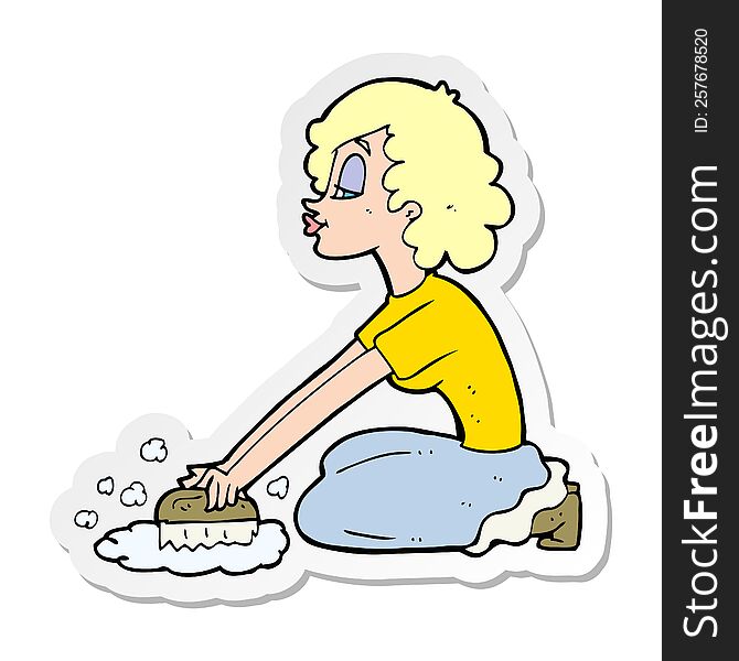 sticker of a cartoon woman scrubbing floor