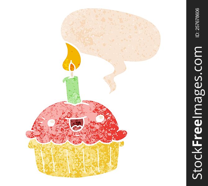 Cartoon Cupcake With Candle And Speech Bubble In Retro Textured Style